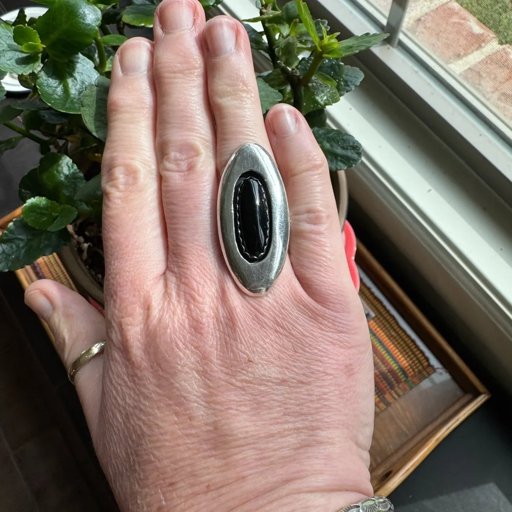 Navajo Jimmy Patterson Sterling Silver Onyx Cabochon Ring, Size 8